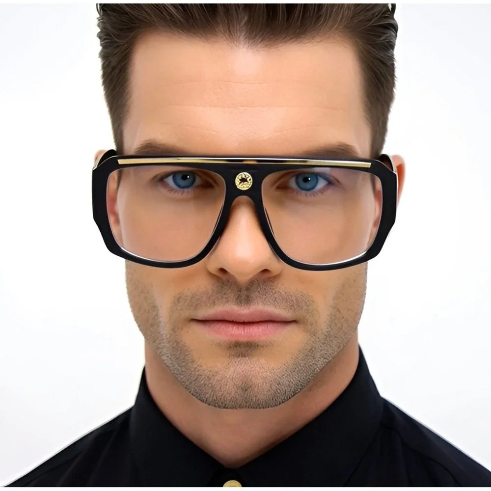 Mens Oversized Square Aviator Glasses Black Gold Flat Top Clear Lens Fashion NEW